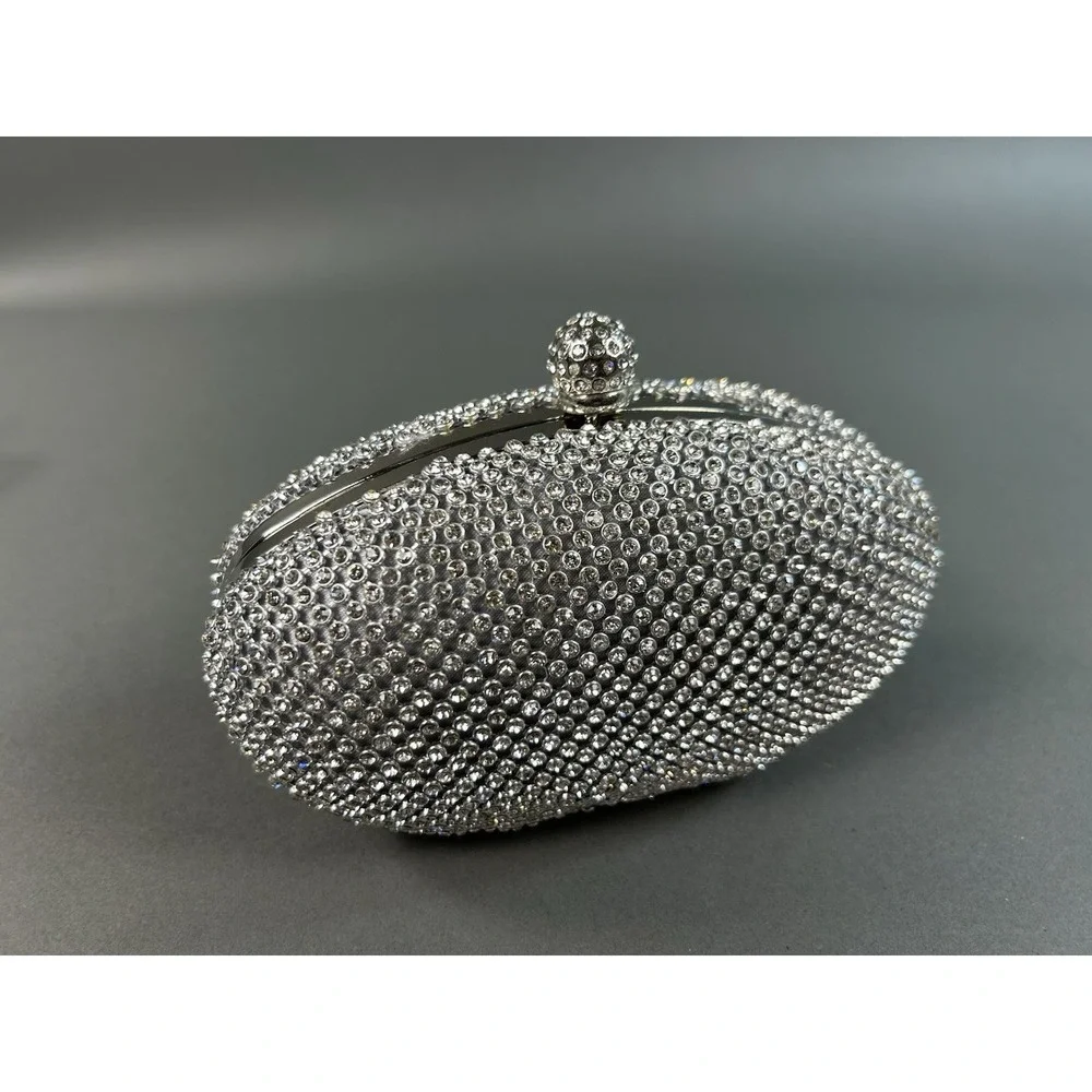 Lulu Townsend Silver Crystal Rhinestone Oval Evening Clutch Purse Chain NWT